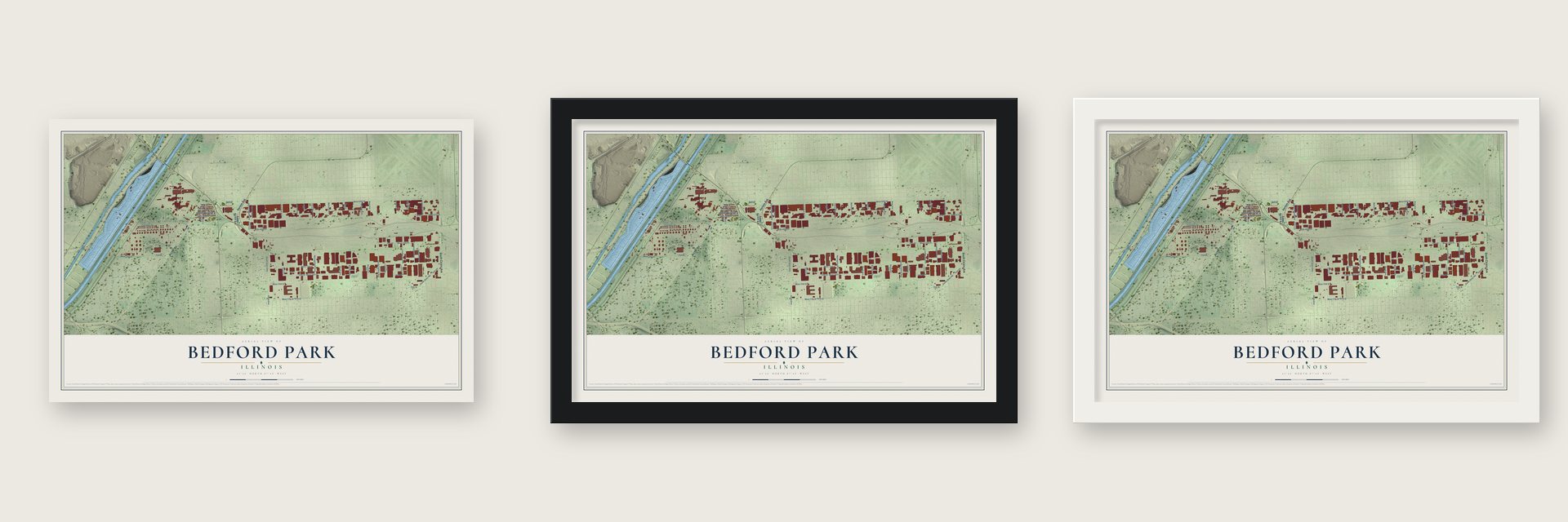 Bedford Park, Illinois map unframed, in a black wood frame and in a white wood frame