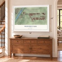 Bedford Park, Illinois map, 24 x 36 inch print in a white frame above a dresser by a staircase