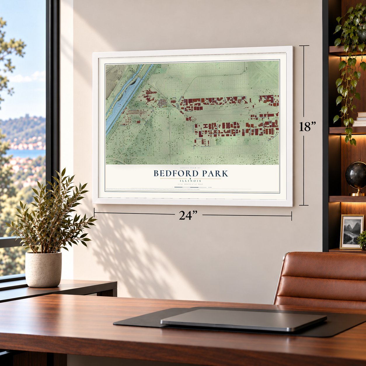 Bedford Park, Illinois map, 18 x 24 inch print in a white frame in a home office