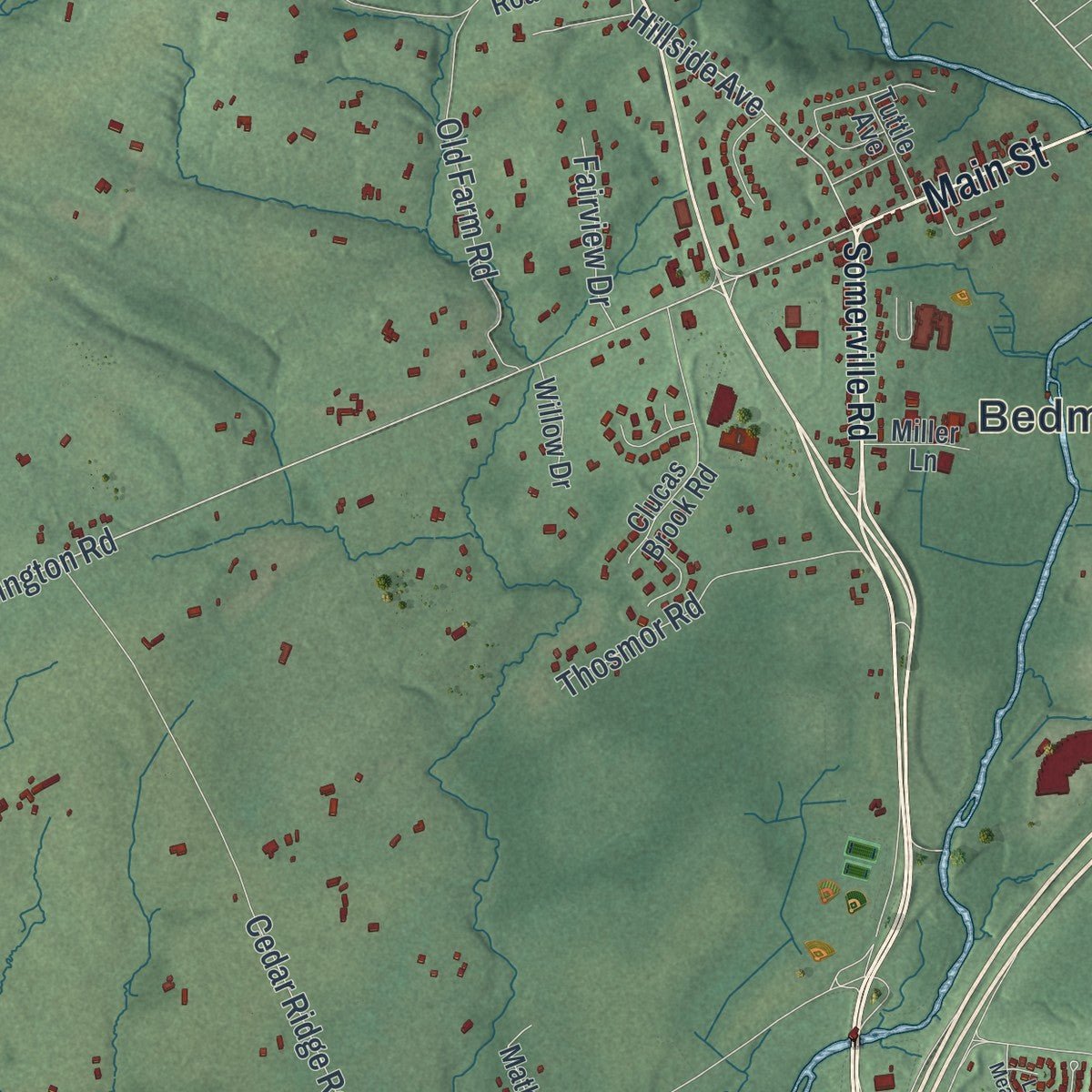Second close-up of the map of Bedminster, New Jersey print showing more streets and buildings