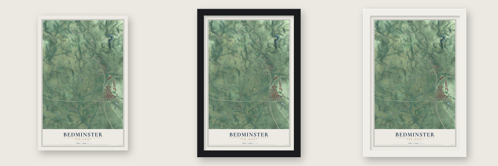 Bedminster, New Jersey map unframed, in a black wood frame and in a white wood frame