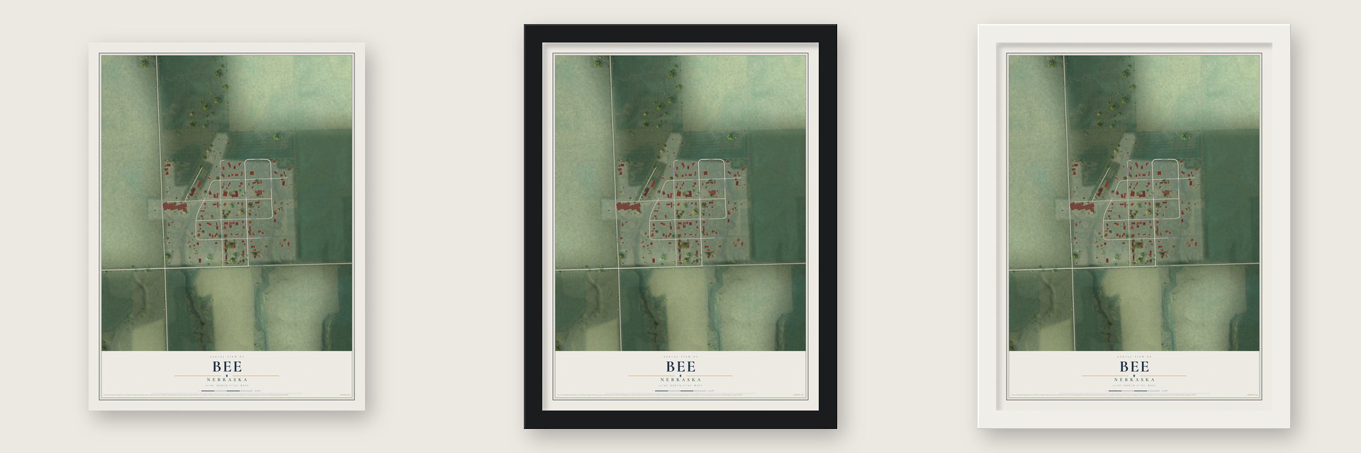 Bee, Nebraska map unframed, in a black wood frame and in a white wood frame