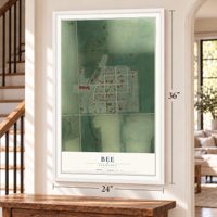 Bee, Nebraska map, 24 x 36 inch print in a white frame by a staircase