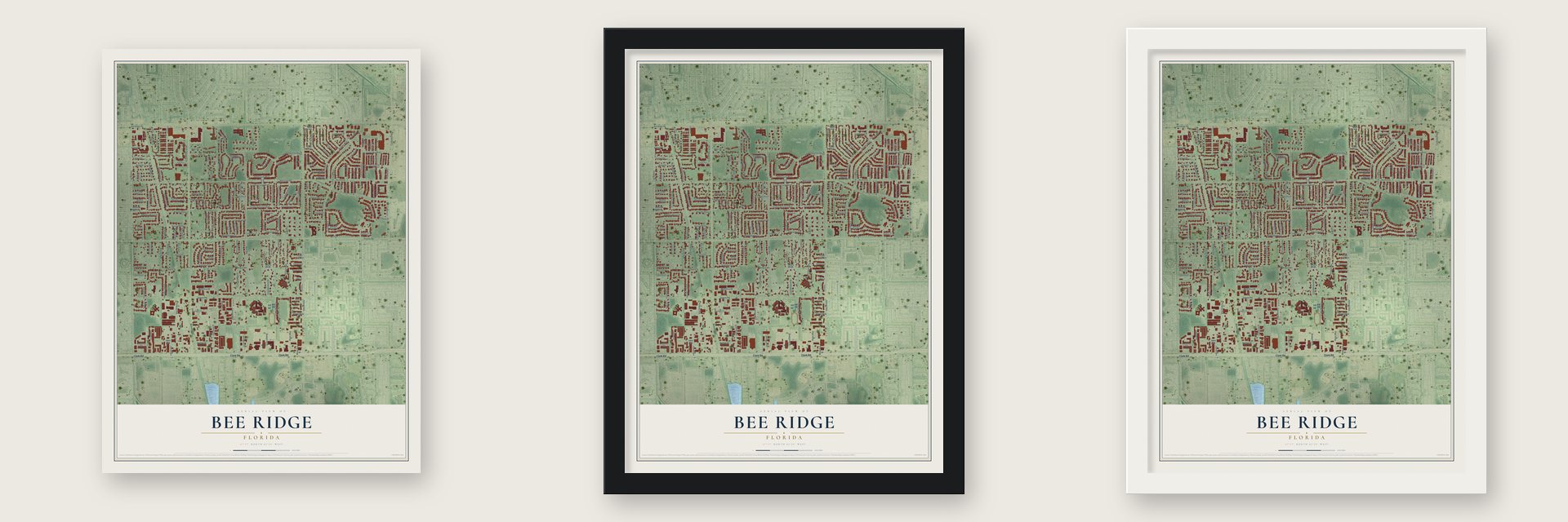 Bee Ridge, Florida map unframed, in a black wood frame and in a white wood frame