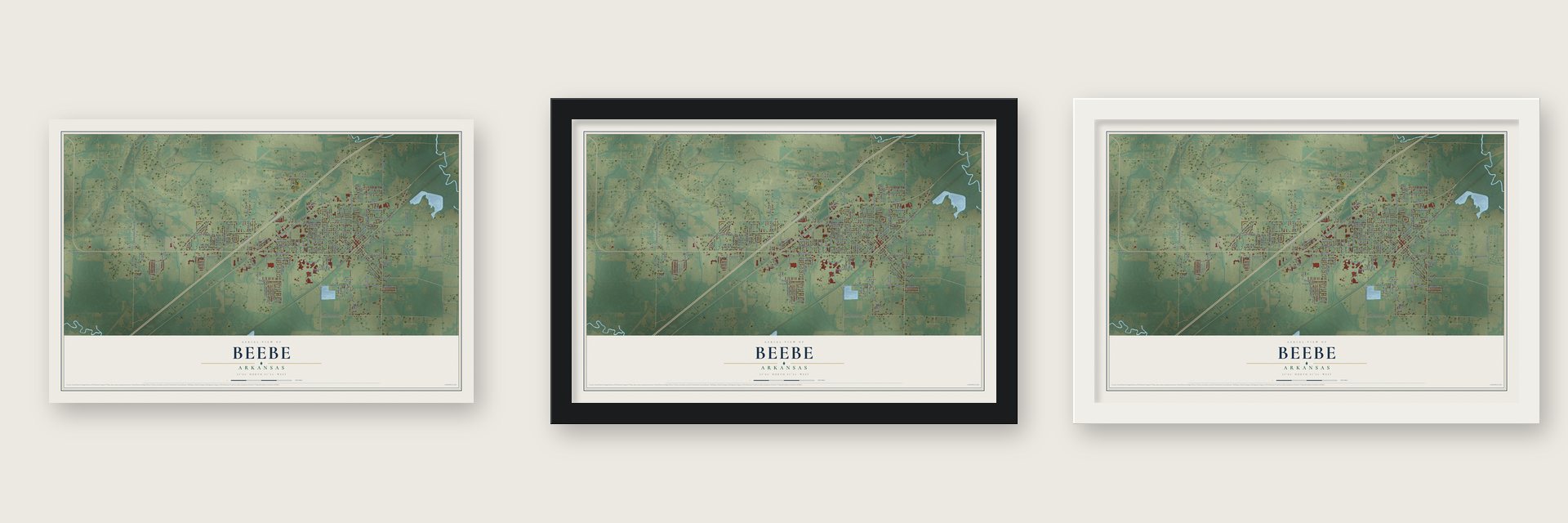 Beebe, Arkansas map unframed, in a black wood frame and in a white wood frame