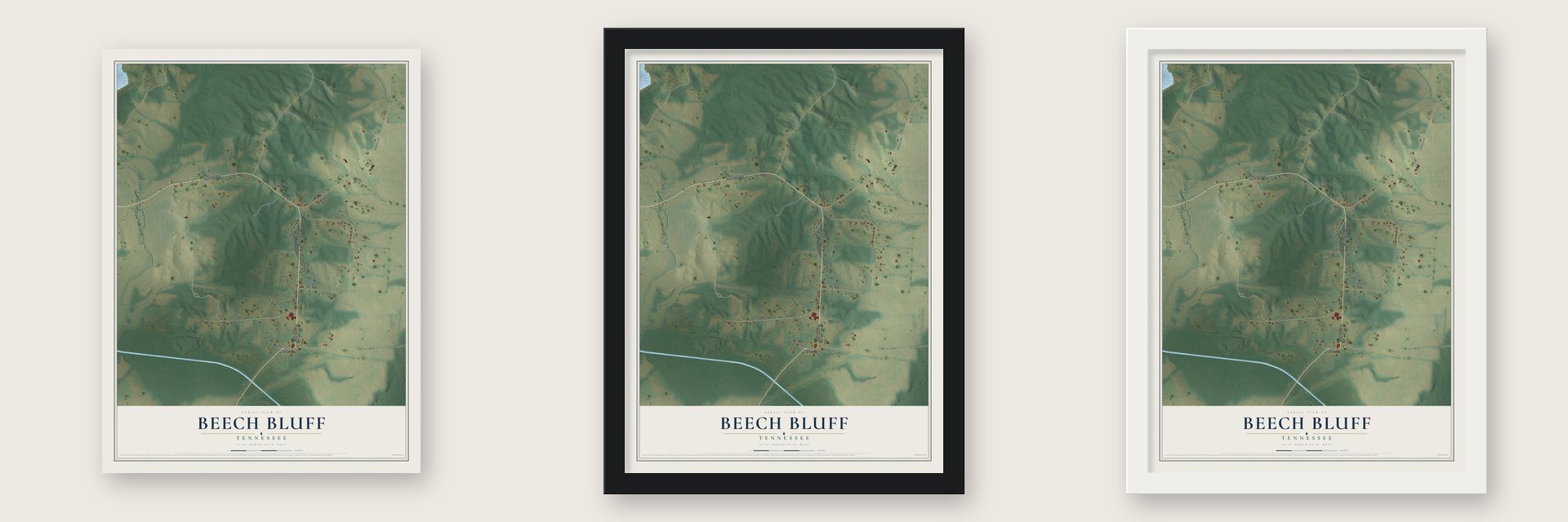 Beech Bluff, Tennessee map unframed, in a black wood frame and in a white wood frame