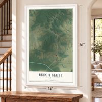 Beech Bluff, Tennessee map, 24 x 36 inch print in a white frame by a staircase