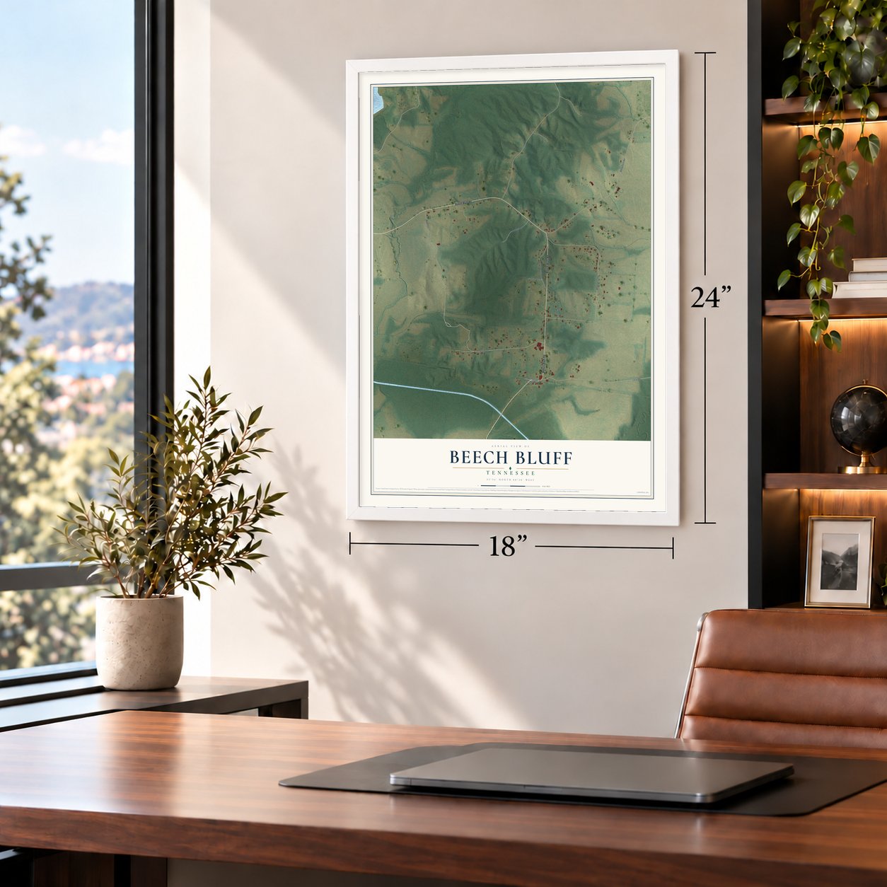 Beech Bluff, Tennessee map, 18 x 24 inch print in a white frame in a home office
