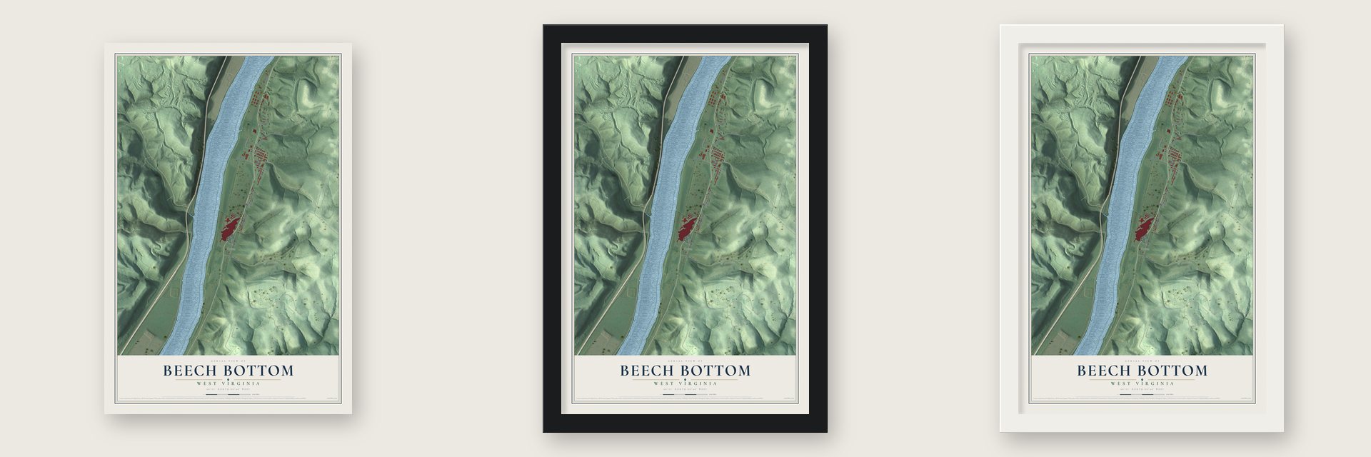 Beech Bottom, West Virginia map unframed, in a black wood frame and in a white wood frame