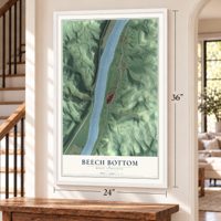 Beech Bottom, West Virginia map, 24 x 36 inch print in a white frame by a staircase