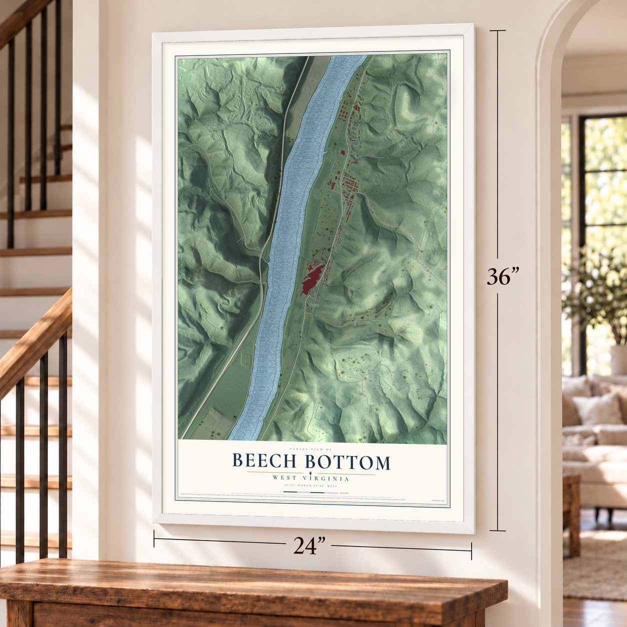 Beech Bottom, West Virginia map, 24 x 36 inch print in a white frame by a staircase