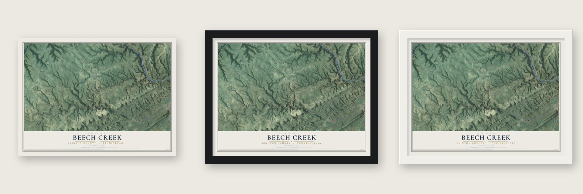 Beech Creek, Clinton County, Pennsylvania map unframed, in a black wood frame and in a white wood frame