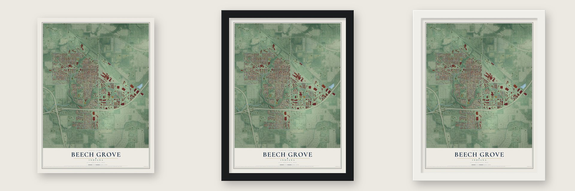Beech Grove, Indiana map unframed, in a black wood frame and in a white wood frame