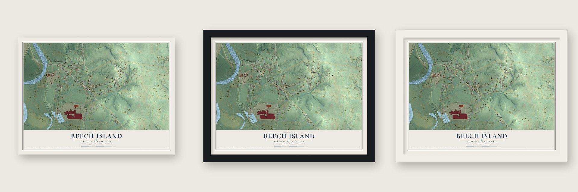 Beech Island, South Carolina map unframed, in a black wood frame and in a white wood frame