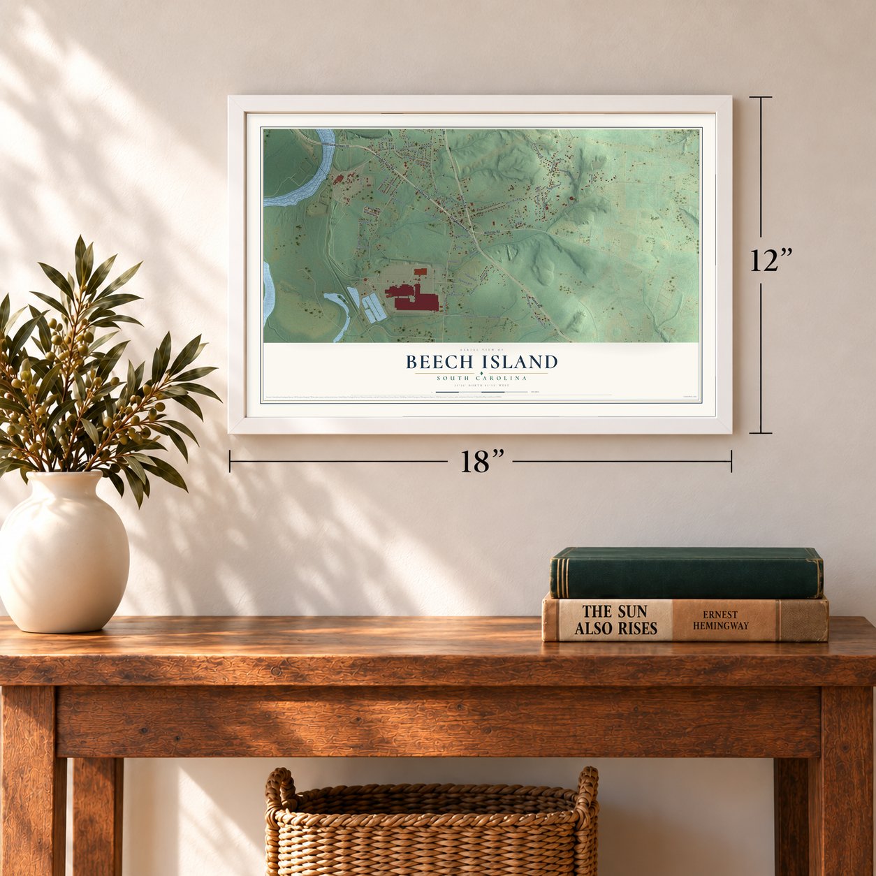Beech Island, South Carolina map, 12 x 18 inch print in a white frame in an entryway