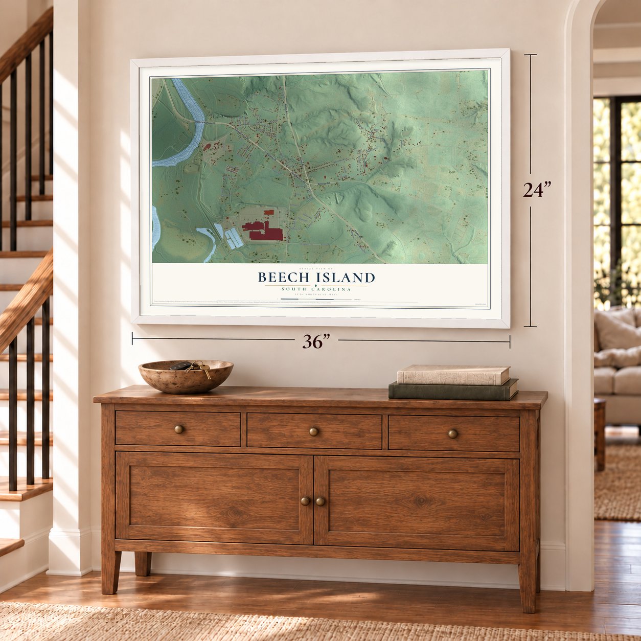 Beech Island, South Carolina map, 24 x 36 inch print in a white frame above a dresser by a staircase
