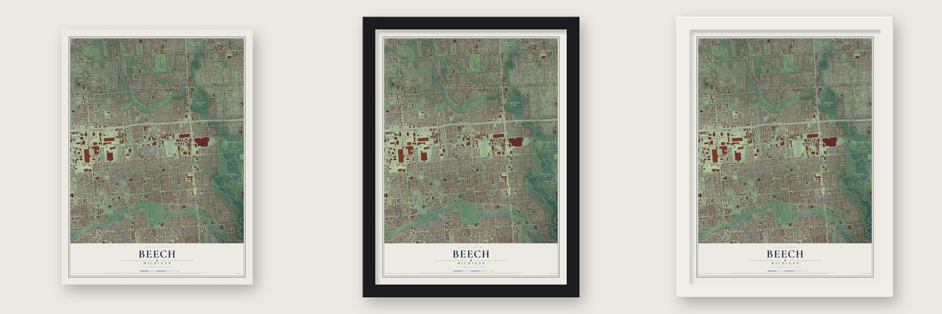 Beech, Michigan map unframed, in a black wood frame and in a white wood frame