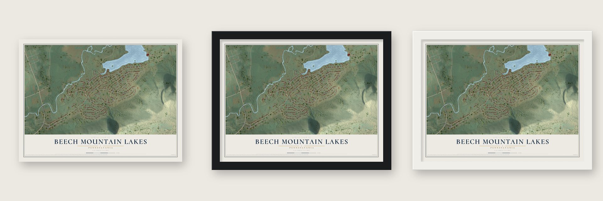 Beech Mountain Lakes, Pennsylvania map unframed, in a black wood frame and in a white wood frame