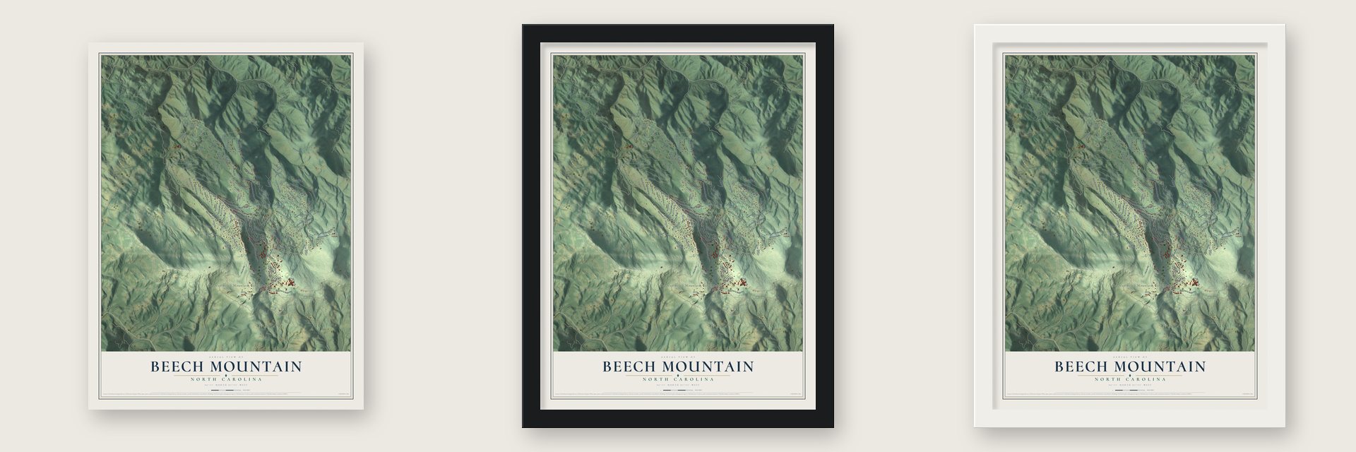 Beech Mountain, North Carolina map unframed, in a black wood frame and in a white wood frame