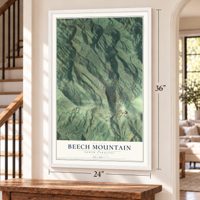 Beech Mountain, North Carolina map, 24 x 36 inch print in a white frame by a staircase