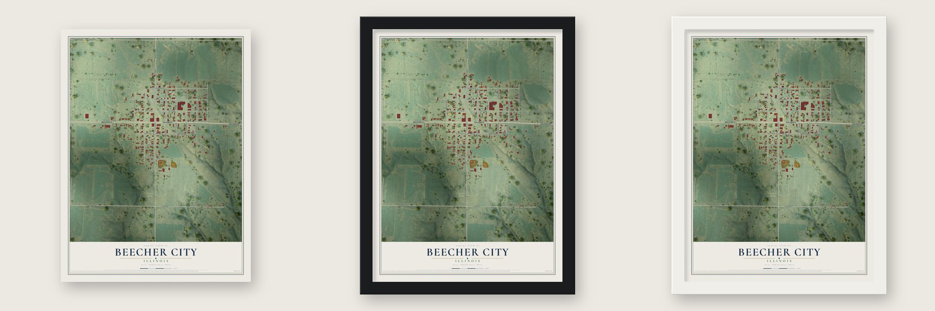 Beecher City, Illinois map unframed, in a black wood frame and in a white wood frame