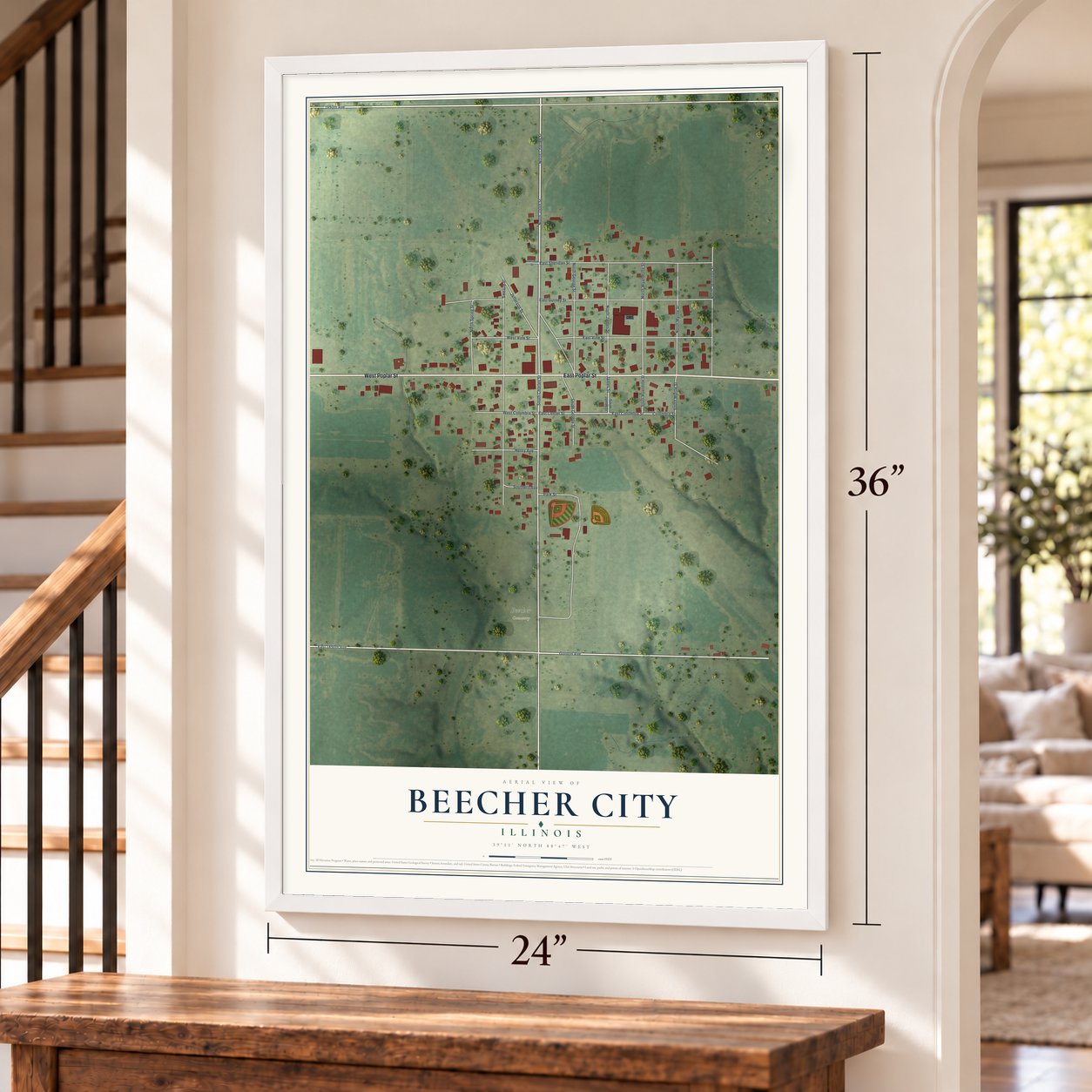 Beecher City, Illinois map, 24 x 36 inch print in a white frame by a staircase