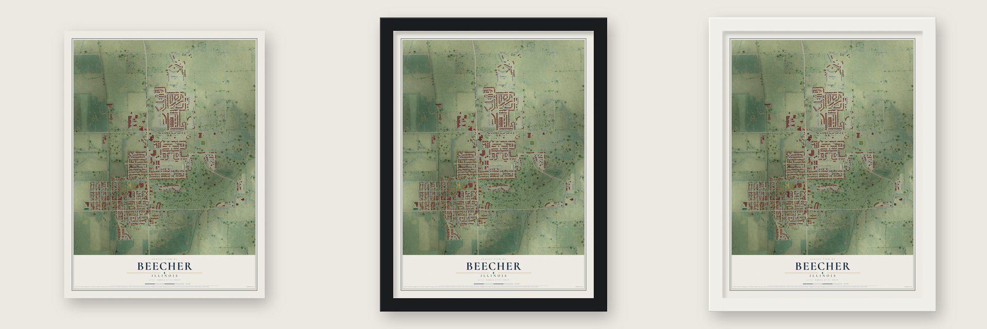 Beecher, Illinois map unframed, in a black wood frame and in a white wood frame