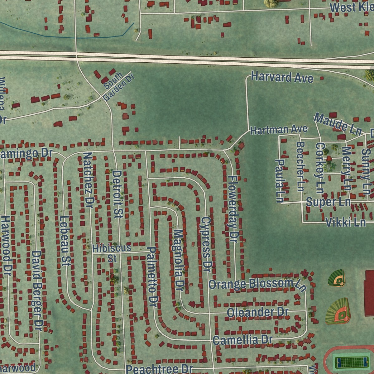 Second close-up of the map of Beecher, Michigan print showing more streets and buildings