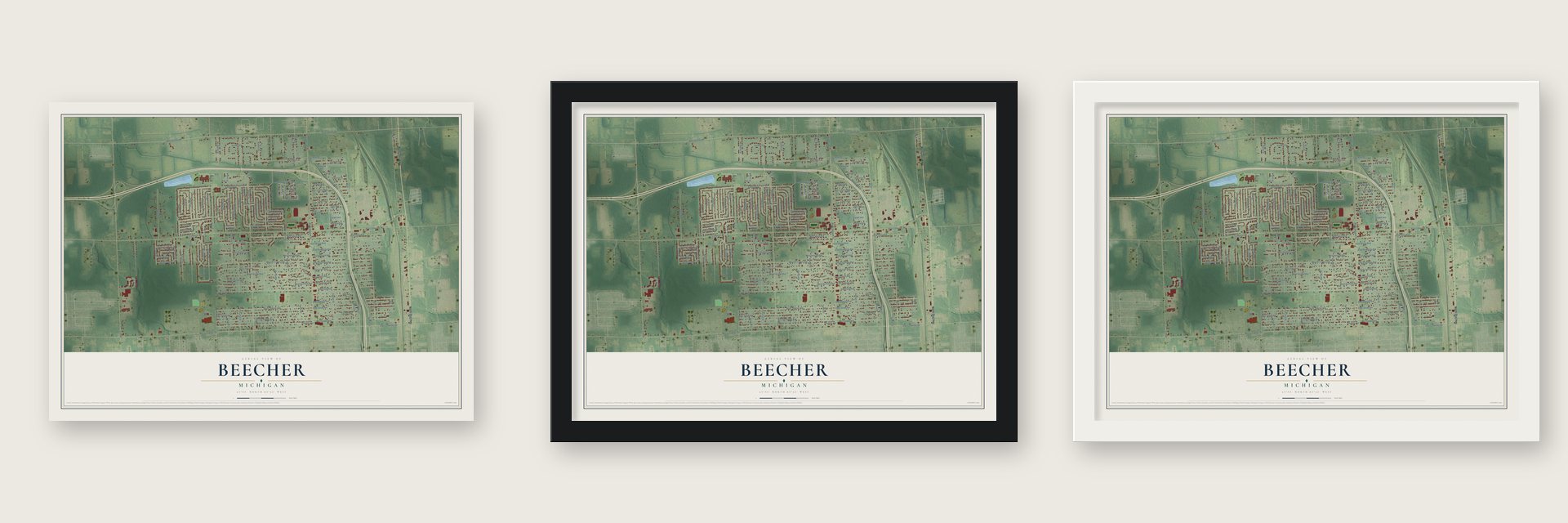 Beecher, Michigan map unframed, in a black wood frame and in a white wood frame