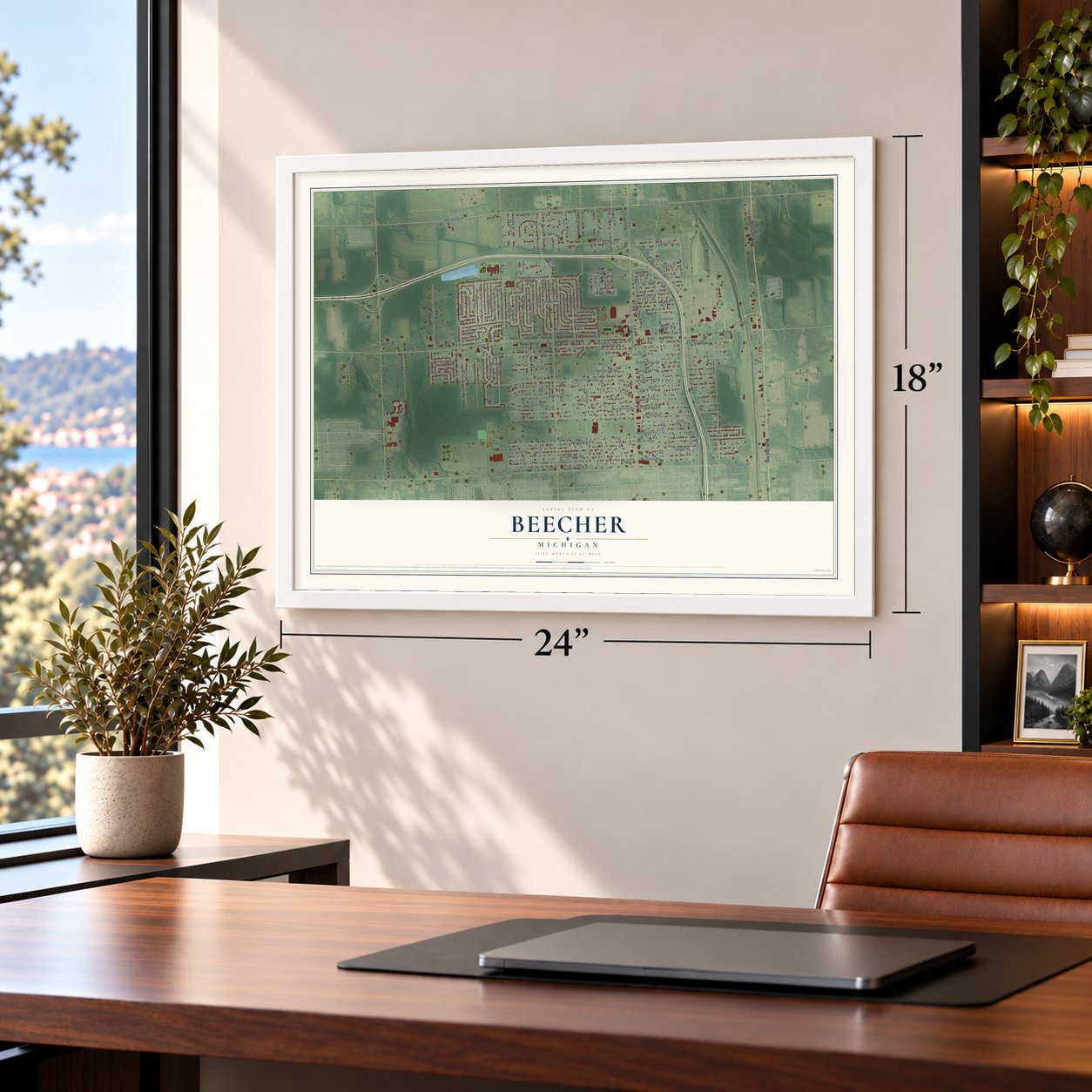 Beecher, Michigan map, 18 x 24 inch print in a white frame in a home office