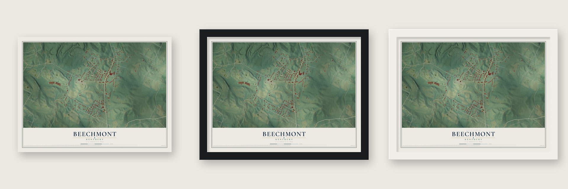 Beechmont, Kentucky map unframed, in a black wood frame and in a white wood frame