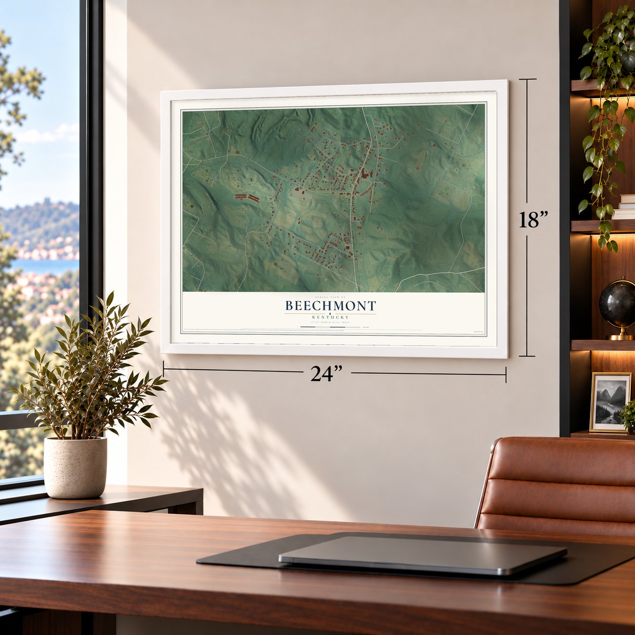 Beechmont, Kentucky map, 18 x 24 inch print in a white frame in a home office