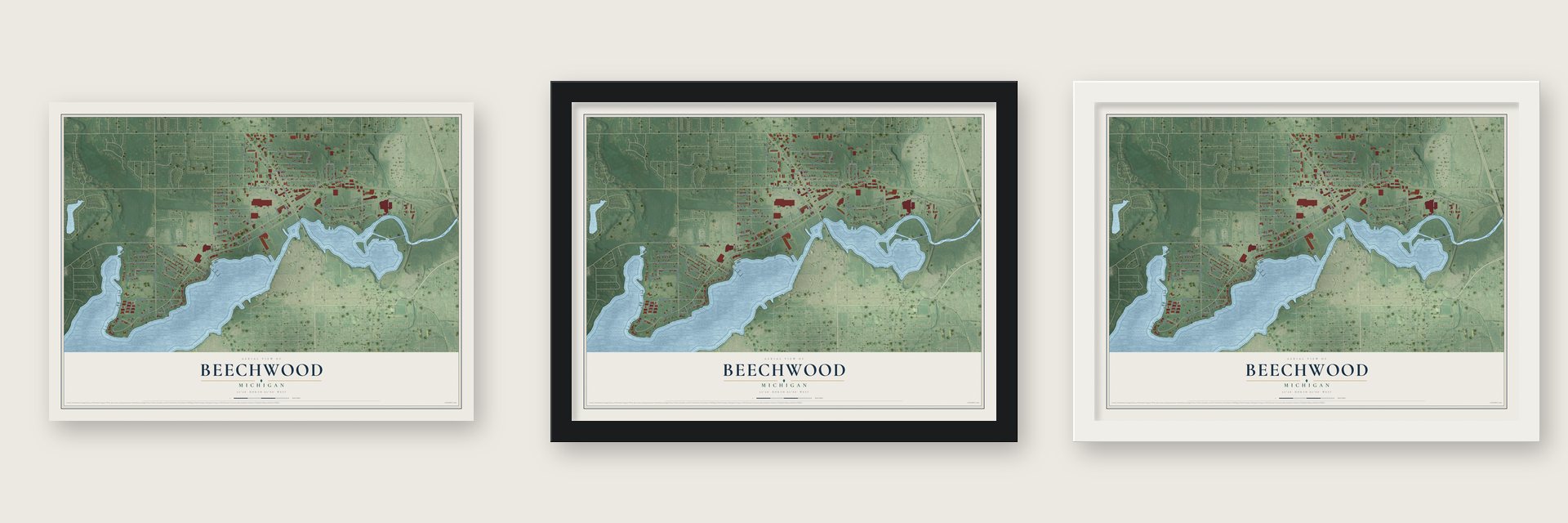 Beechwood, Michigan map unframed, in a black wood frame and in a white wood frame
