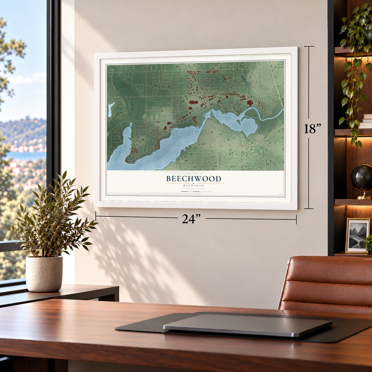 Beechwood, Michigan map, 18 x 24 inch print in a white frame in a home office