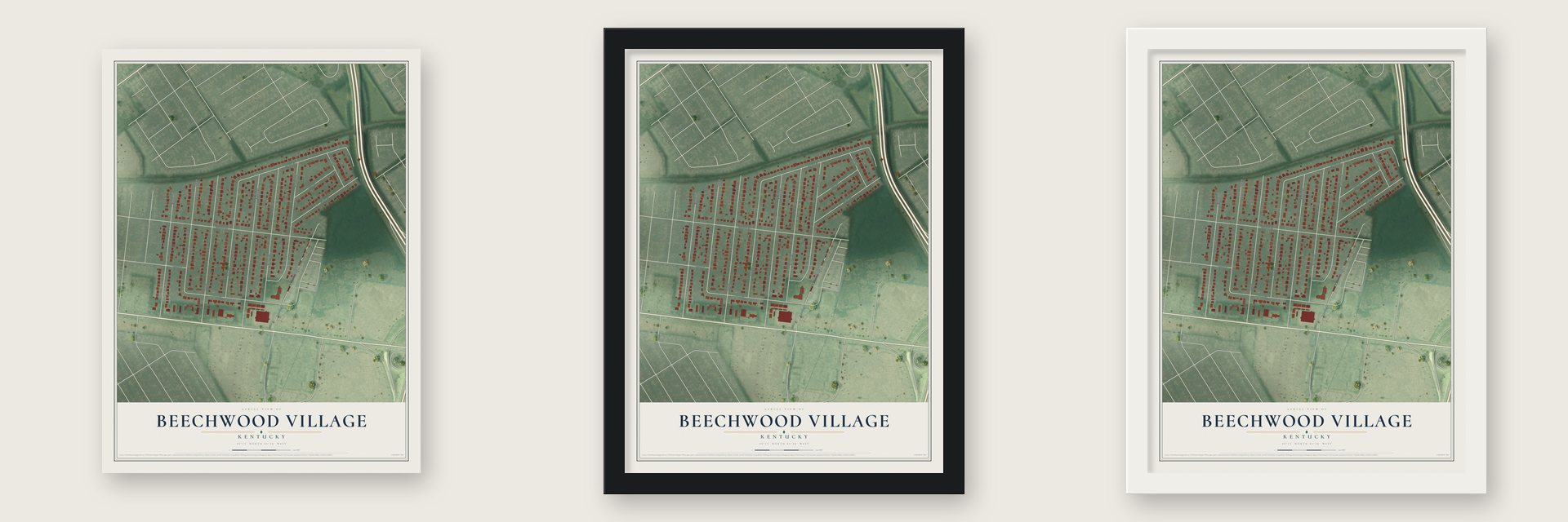Beechwood Village, Kentucky map unframed, in a black wood frame and in a white wood frame