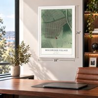 Beechwood Village, Kentucky map, 18 x 24 inch print in a white frame in a home office