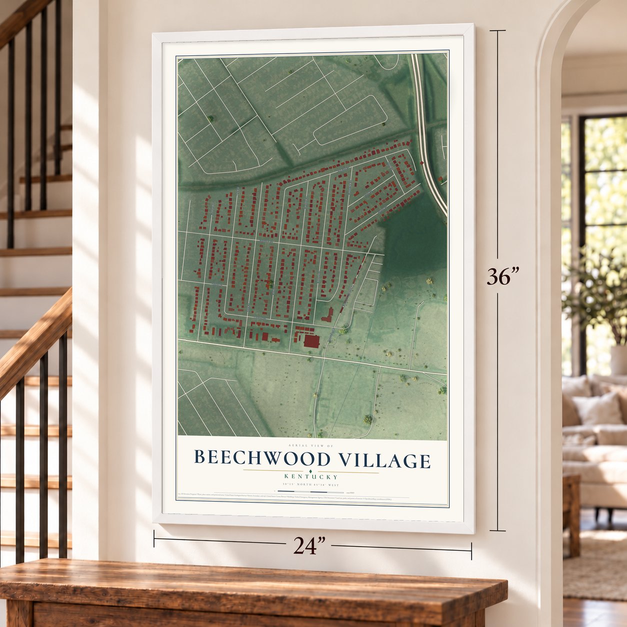 Beechwood Village, Kentucky map, 24 x 36 inch print in a white frame by a staircase