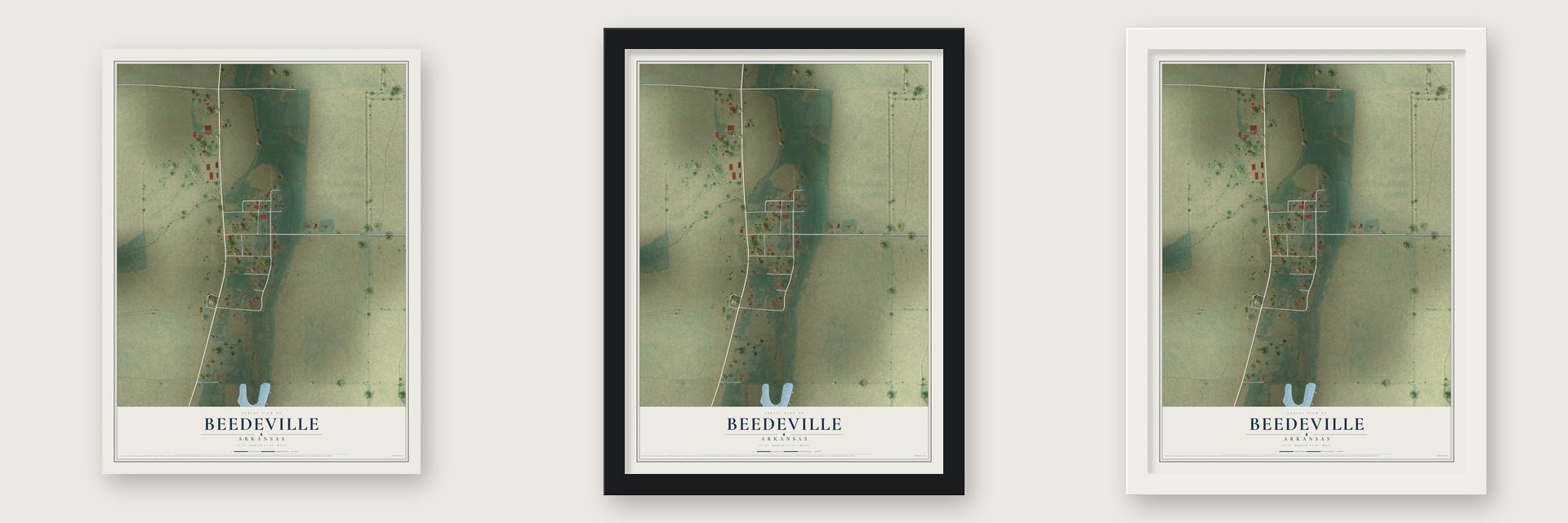 Beedeville, Arkansas map unframed, in a black wood frame and in a white wood frame