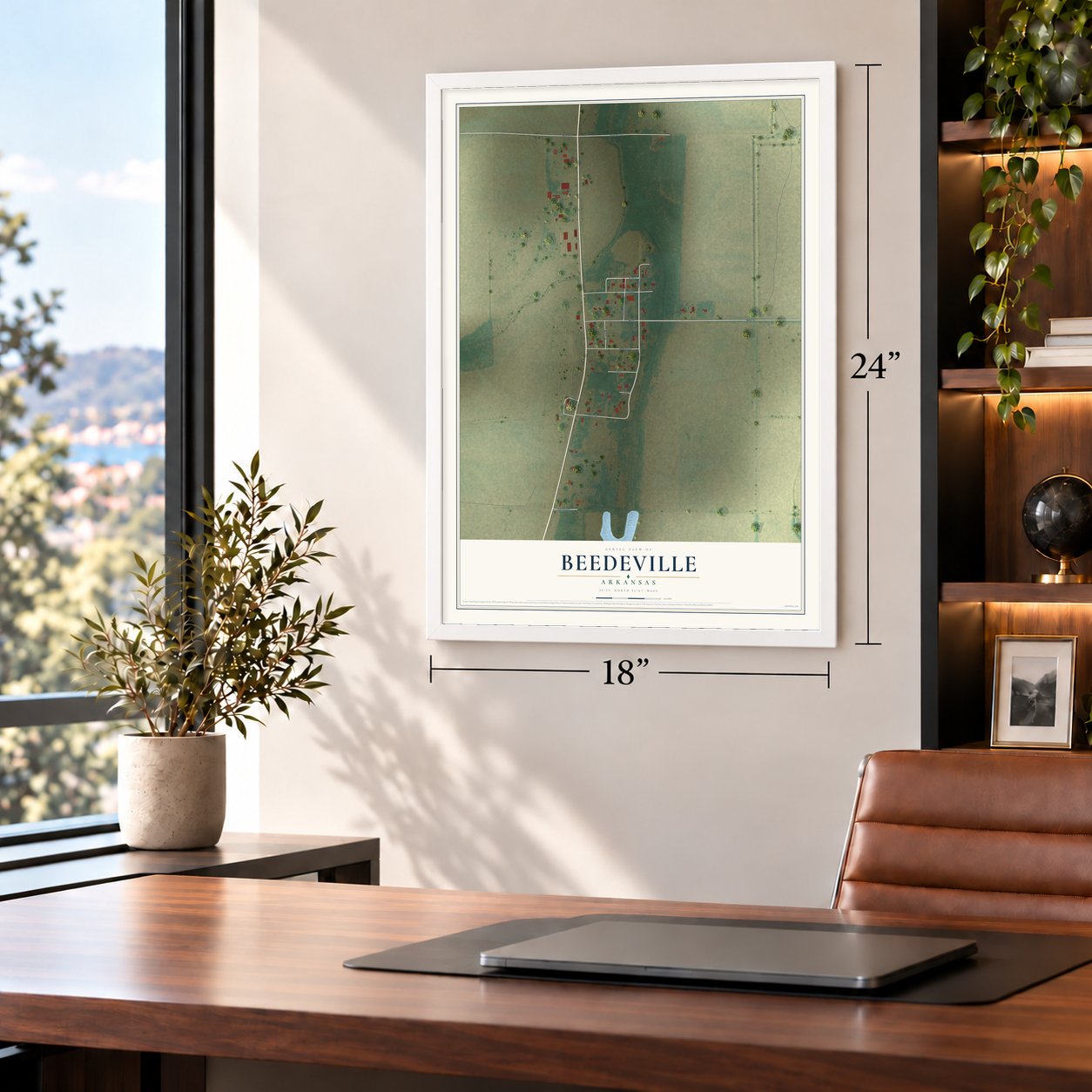 Beedeville, Arkansas map, 18 x 24 inch print in a white frame in a home office