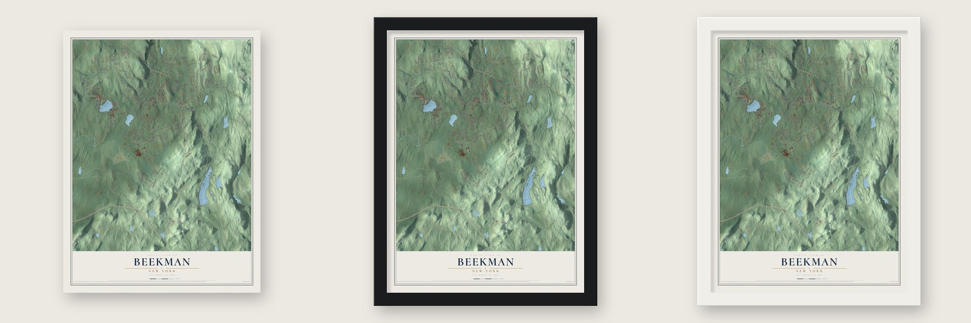 Beekman, New York map unframed, in a black wood frame and in a white wood frame