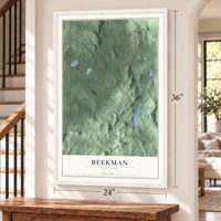 Beekman, New York map, 24 x 36 inch print in a white frame by a staircase