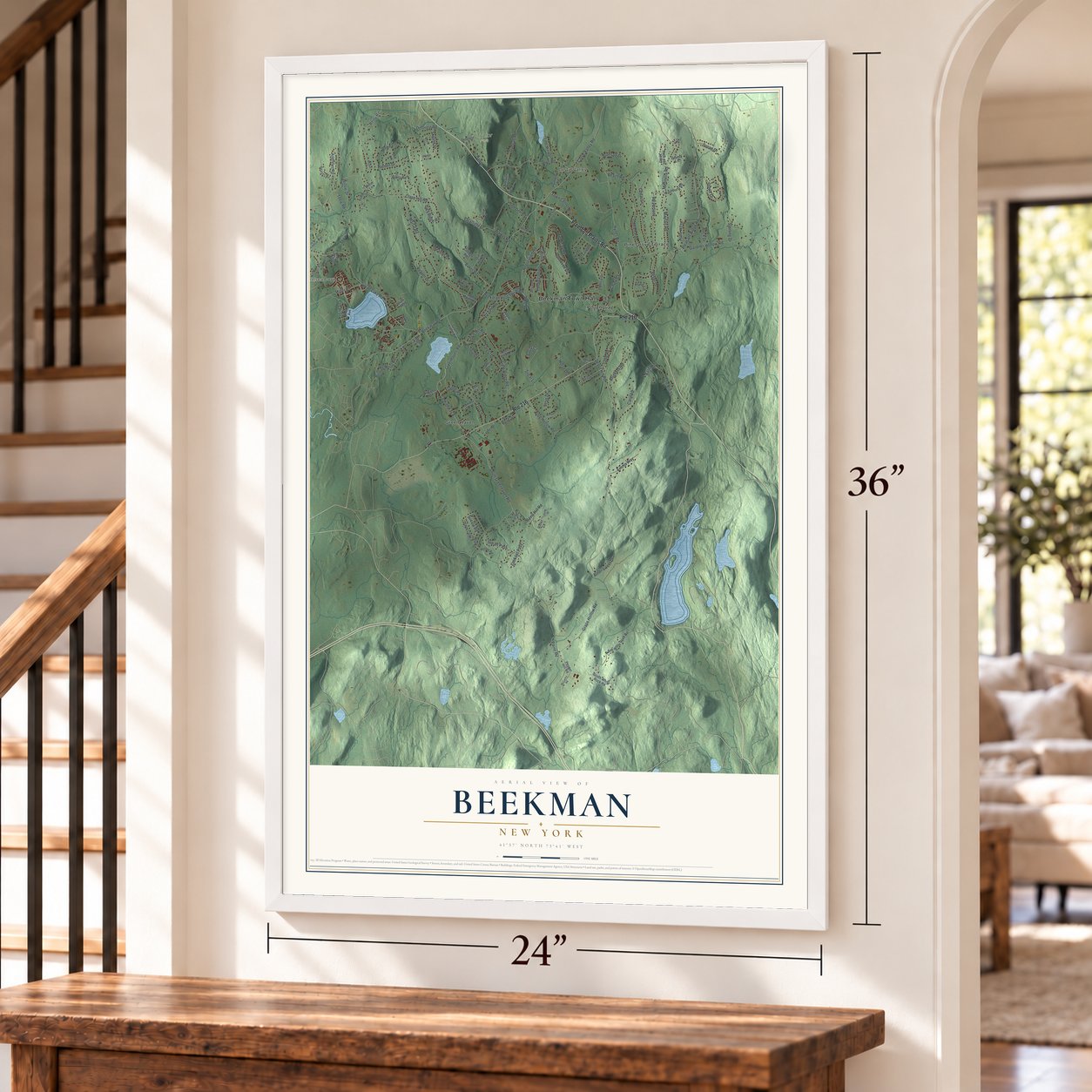 Beekman, New York map, 24 x 36 inch print in a white frame by a staircase