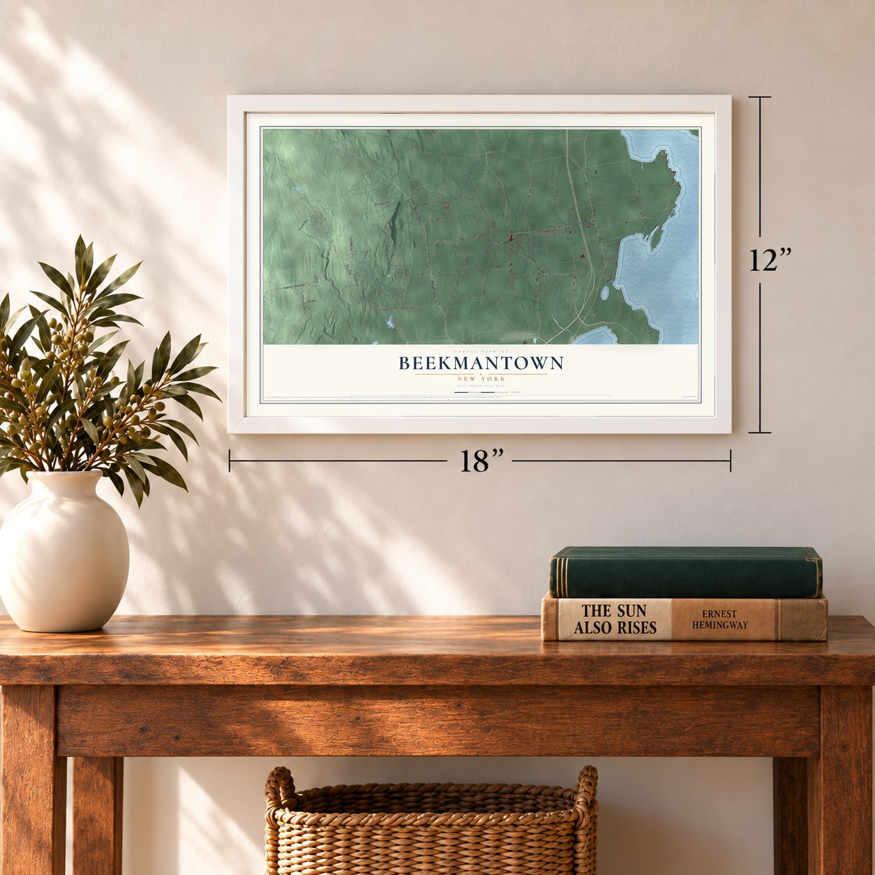 Beekmantown, New York map, 12 x 18 inch print in a white frame in an entryway
