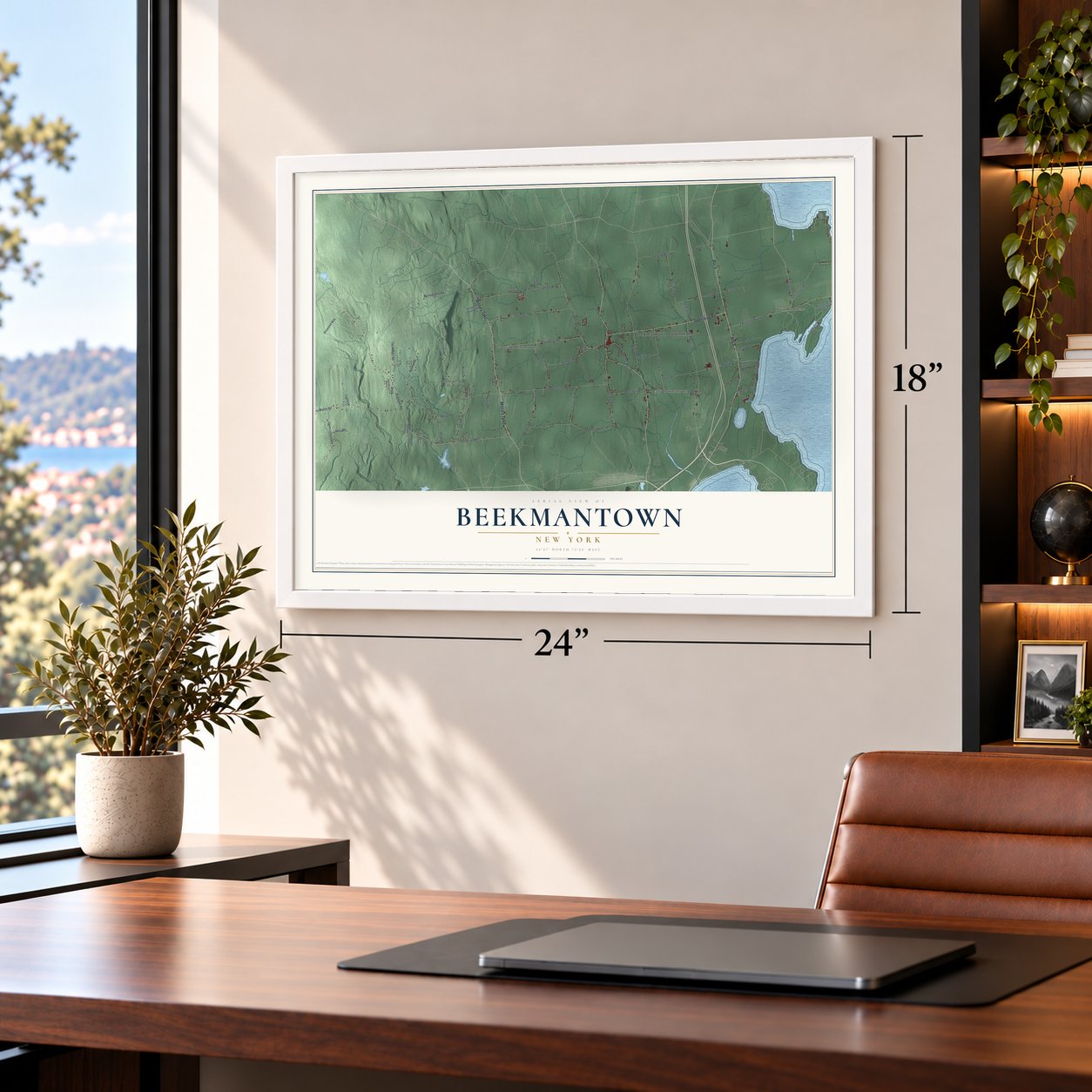 Beekmantown, New York map, 18 x 24 inch print in a white frame in a home office