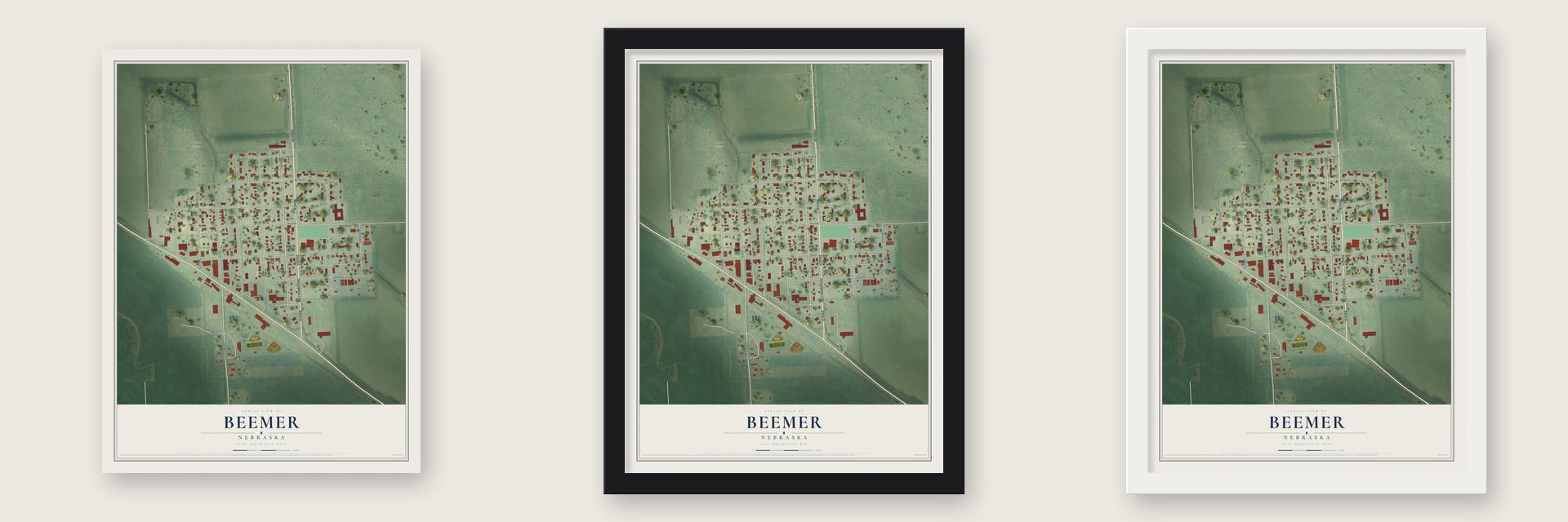 Beemer, Nebraska map unframed, in a black wood frame and in a white wood frame