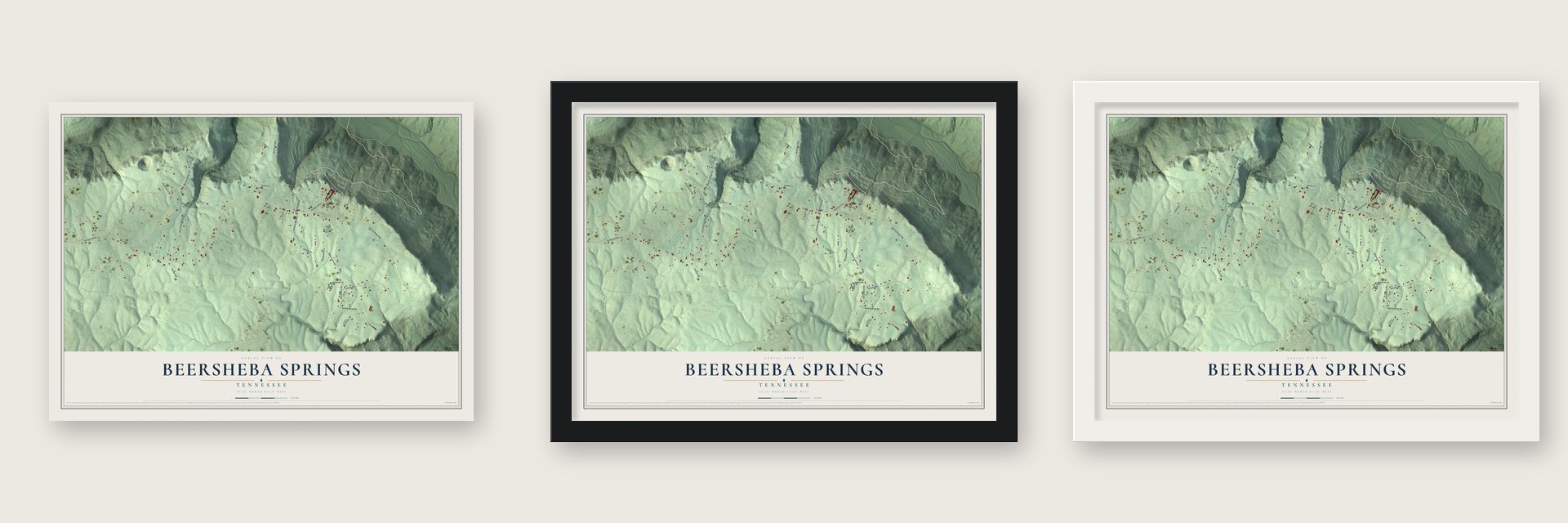 Beersheba Springs, Tennessee map unframed, in a black wood frame and in a white wood frame