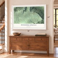 Beersheba Springs, Tennessee map, 24 x 36 inch print in a white frame above a dresser by a staircase