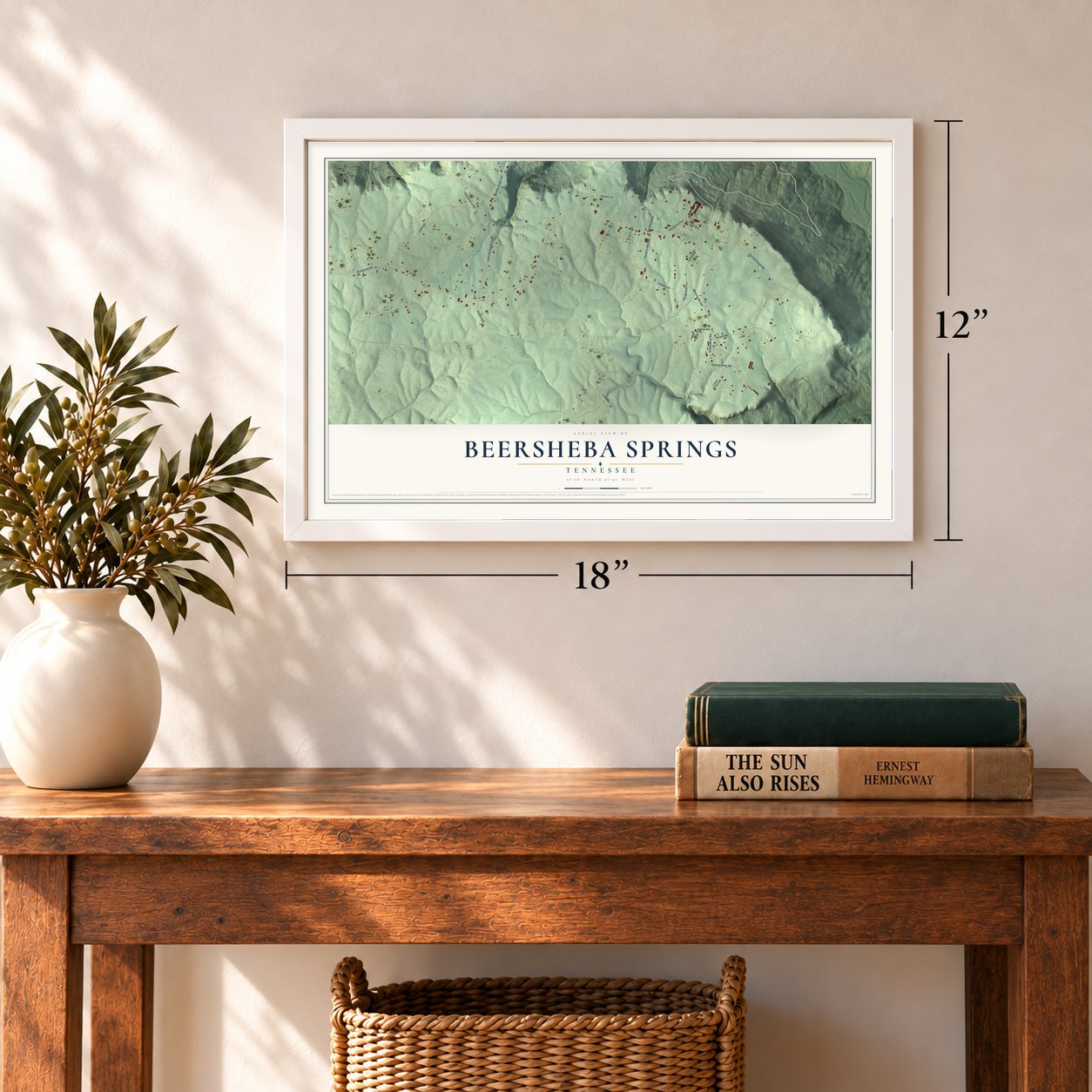 Beersheba Springs, Tennessee map, 12 x 18 inch print in a white frame in an entryway