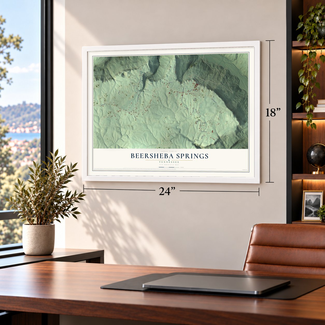 Beersheba Springs, Tennessee map, 18 x 24 inch print in a white frame in a home office