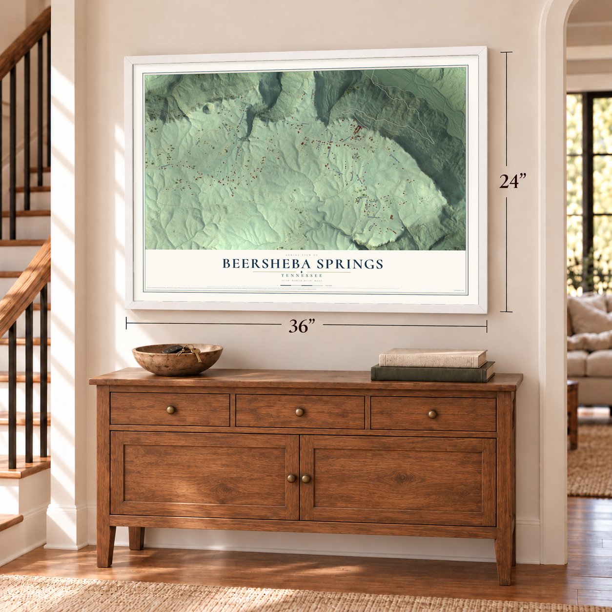 Beersheba Springs, Tennessee map, 24 x 36 inch print in a white frame above a dresser by a staircase